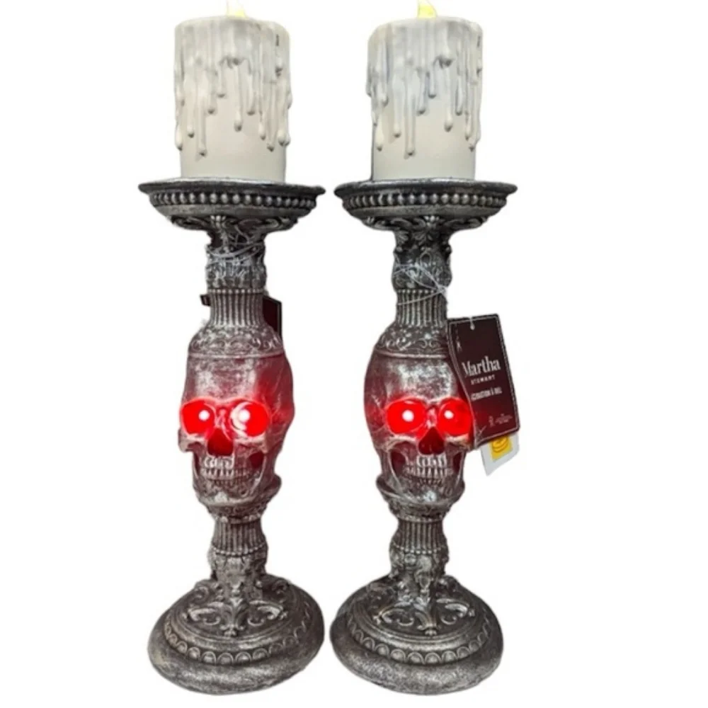 Set Of 2 Large Martha Stewart Skull Led Pillar Candles